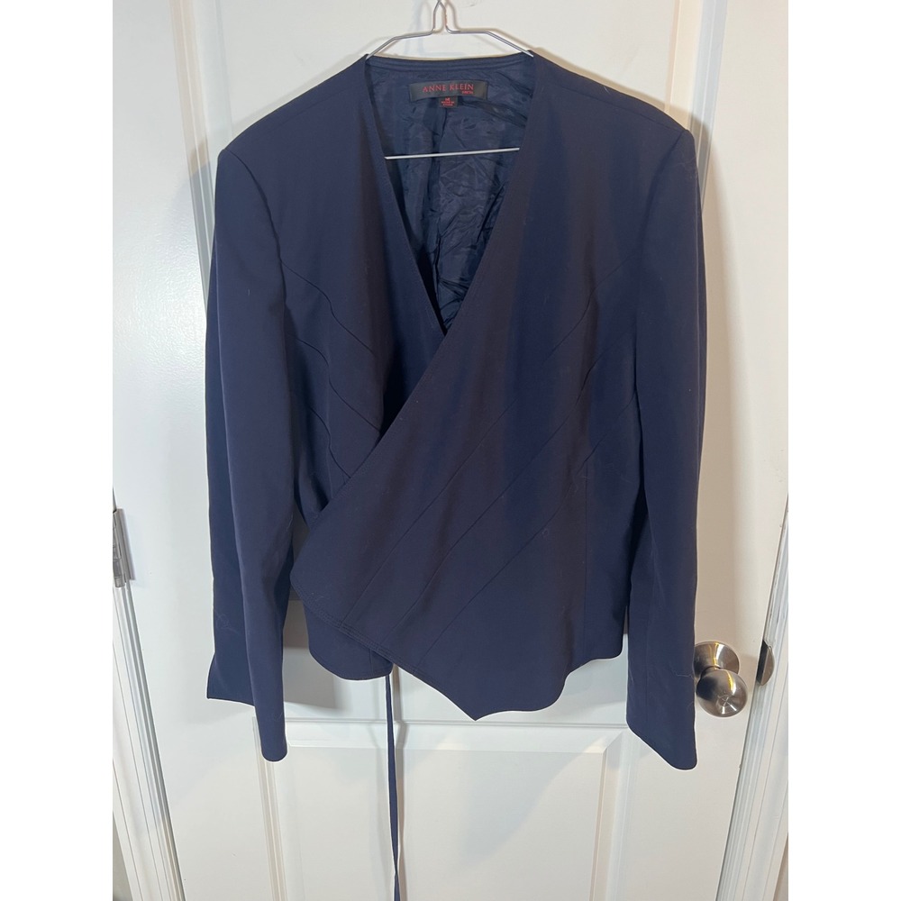 Anne Klein Women Blazer Wrap Front Pleated Navy Blue Size 14
